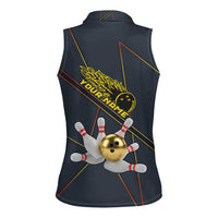 Custom Golden Bowling Shirts For Men, Flame Bowling Women Sleeveless Polo Shirt with Flaming Bowling Ball Striking Pins And Geometric Line Pattern - Wonder Print Shop