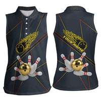 Custom Golden Bowling Shirts For Men, Flame Bowling Women Sleeveless Polo Shirt with Flaming Bowling Ball Striking Pins And Geometric Line Pattern - Wonder Print Shop