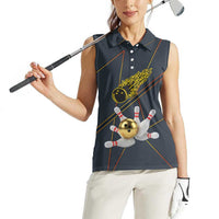 Custom Golden Bowling Shirts For Men, Flame Bowling Women Sleeveless Polo Shirt with Flaming Bowling Ball Striking Pins And Geometric Line Pattern - Wonder Print Shop