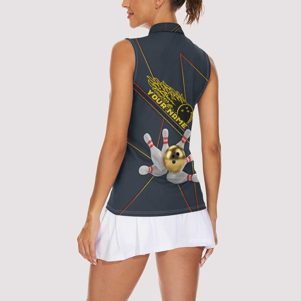 Custom Golden Bowling Shirts For Men, Flame Bowling Women Sleeveless Polo Shirt with Flaming Bowling Ball Striking Pins And Geometric Line Pattern - Wonder Print Shop