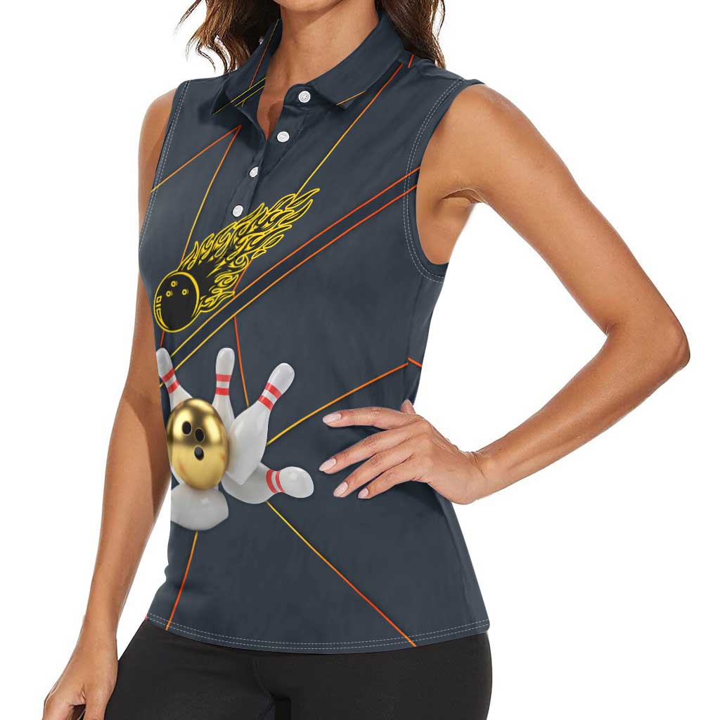 Custom Golden Bowling Shirts For Men, Flame Bowling Women Sleeveless Polo Shirt with Flaming Bowling Ball Striking Pins And Geometric Line Pattern - Wonder Print Shop