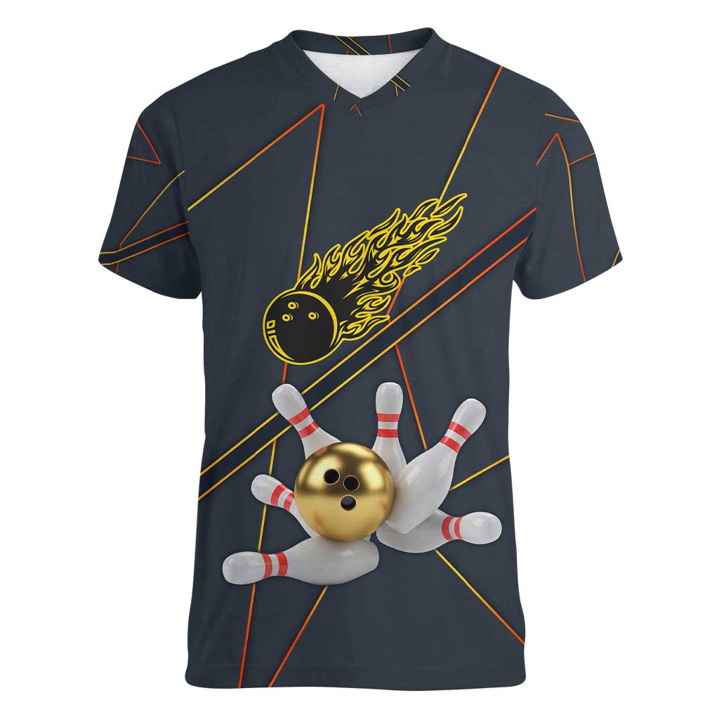 Custom Golden Bowling Shirts For Men, Flame Bowling Women V-Neck T-Shirt with Flaming Bowling Ball Striking Pins And Geometric Line Pattern - Wonder Print Shop