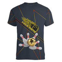 Custom Golden Bowling Shirts For Men, Flame Bowling Women V-Neck T-Shirt with Flaming Bowling Ball Striking Pins And Geometric Line Pattern - Wonder Print Shop