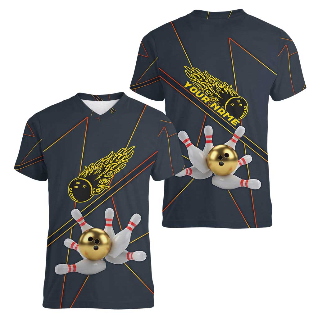 Custom Golden Bowling Shirts For Men, Flame Bowling Women V-Neck T-Shirt with Flaming Bowling Ball Striking Pins And Geometric Line Pattern - Wonder Print Shop