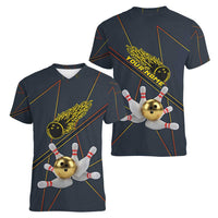 Custom Golden Bowling Shirts For Men, Flame Bowling Women V-Neck T-Shirt with Flaming Bowling Ball Striking Pins And Geometric Line Pattern - Wonder Print Shop