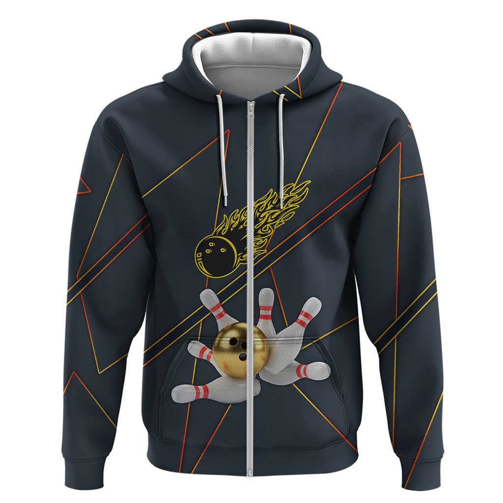Custom Golden Bowling Shirts For Men, Flame Bowling Zip Hoodie with Flaming Bowling Ball Striking Pins And Geometric Line Pattern - Wonder Print Shop