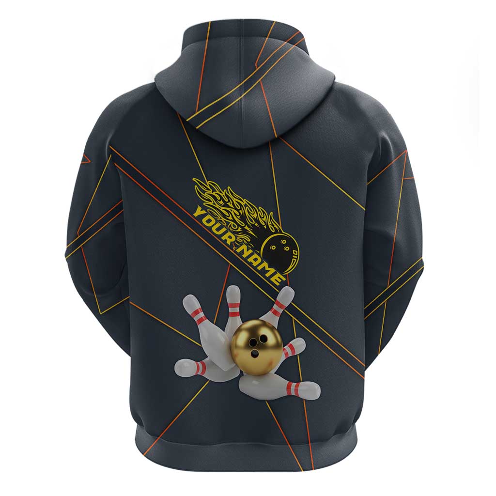 Custom Golden Bowling Shirts For Men, Flame Bowling Zip Hoodie with Flaming Bowling Ball Striking Pins And Geometric Line Pattern - Wonder Print Shop