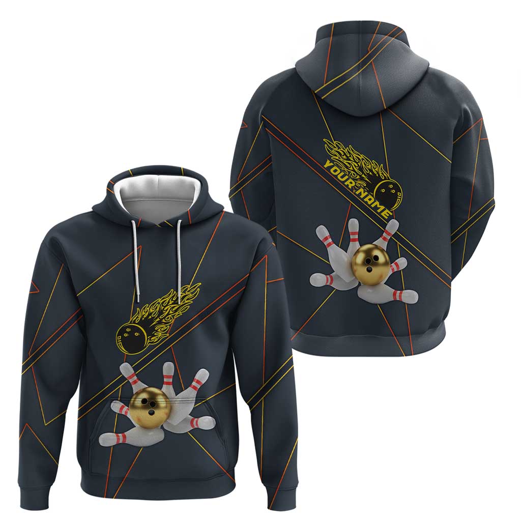 Custom Golden Bowling Shirts For Men, Flame Bowling Zip Hoodie with Flaming Bowling Ball Striking Pins And Geometric Line Pattern - Wonder Print Shop