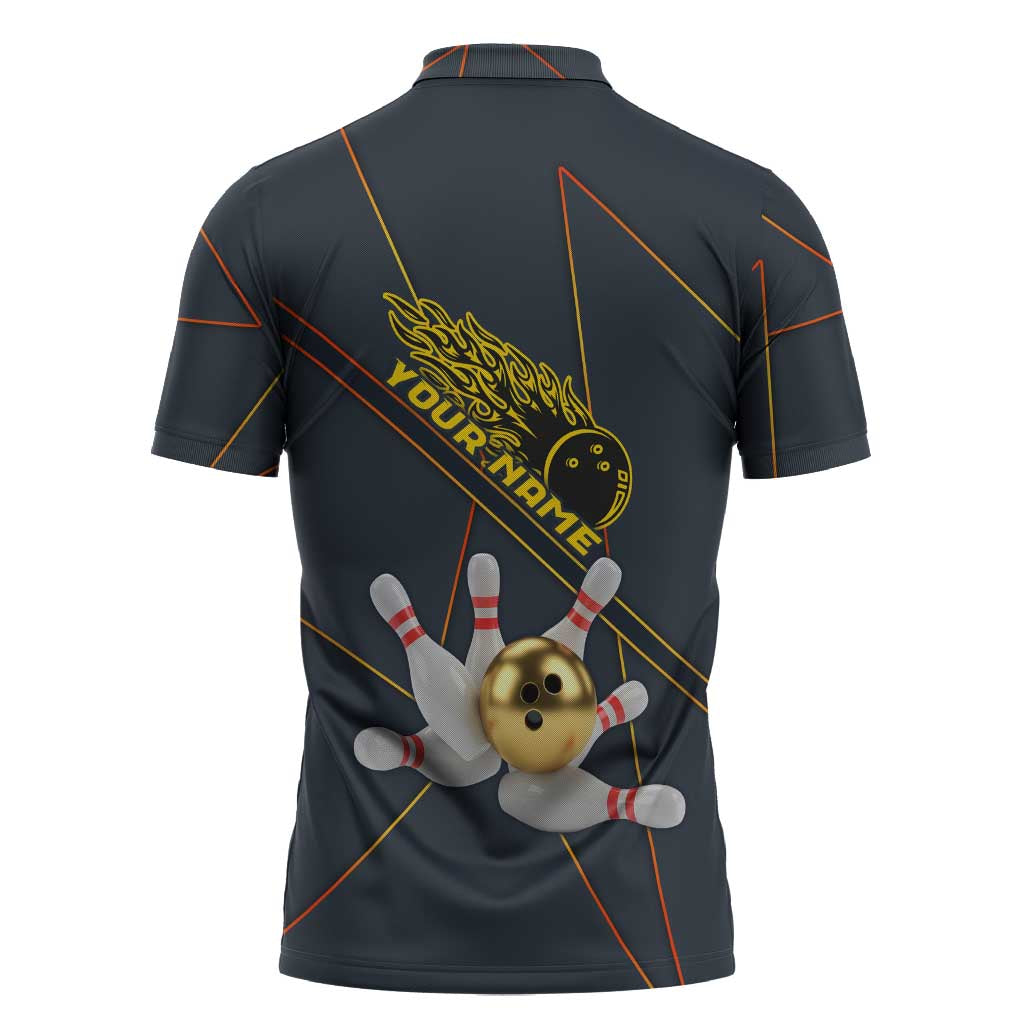 Custom Golden Bowling Shirts For Men, Flame Bowling Zipper Polo Shirt with Flaming Bowling Ball Striking Pins And Geometric Line Pattern - Wonder Print Shop
