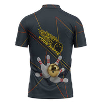 Custom Golden Bowling Shirts For Men, Flame Bowling Zipper Polo Shirt with Flaming Bowling Ball Striking Pins And Geometric Line Pattern - Wonder Print Shop
