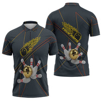 Custom Golden Bowling Shirts For Men, Flame Bowling Zipper Polo Shirt with Flaming Bowling Ball Striking Pins And Geometric Line Pattern - Wonder Print Shop