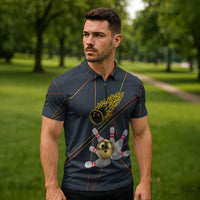 Custom Golden Bowling Shirts For Men, Flame Bowling Zipper Polo Shirt with Flaming Bowling Ball Striking Pins And Geometric Line Pattern - Wonder Print Shop