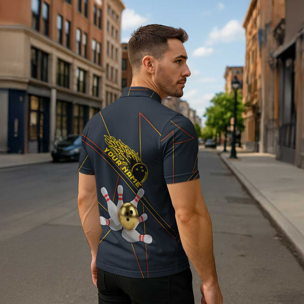 Custom Golden Bowling Shirts For Men, Flame Bowling Zipper Polo Shirt with Flaming Bowling Ball Striking Pins And Geometric Line Pattern - Wonder Print Shop