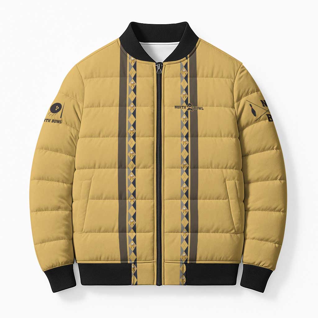 Custom Retro Bowling Bomber Puffer Jacket with Diamond Stripe Pattern North Bowl Logo - Wonder Print Shop