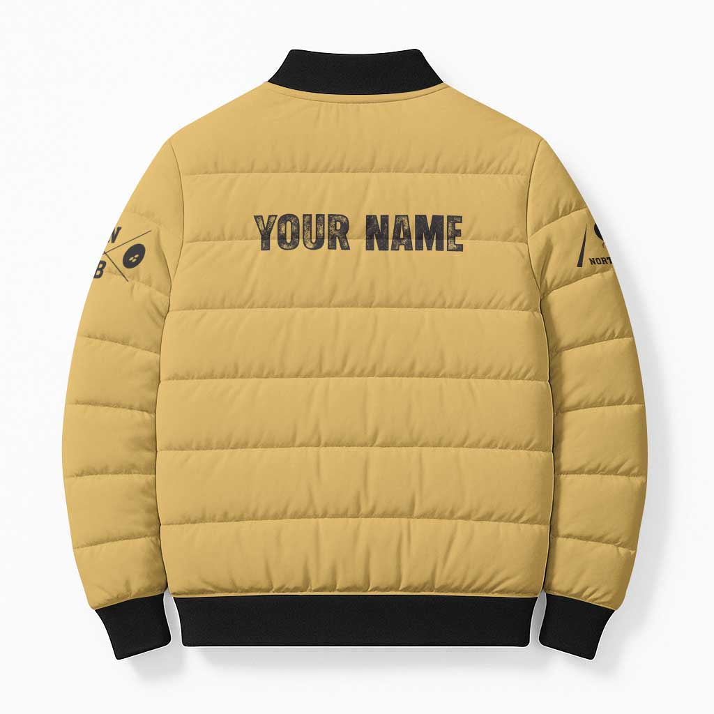 Custom Retro Bowling Bomber Puffer Jacket with Diamond Stripe Pattern North Bowl Logo - Wonder Print Shop
