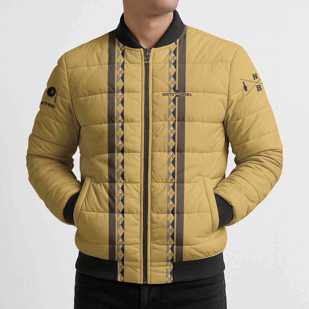 Custom Retro Bowling Bomber Puffer Jacket with Diamond Stripe Pattern North Bowl Logo - Wonder Print Shop