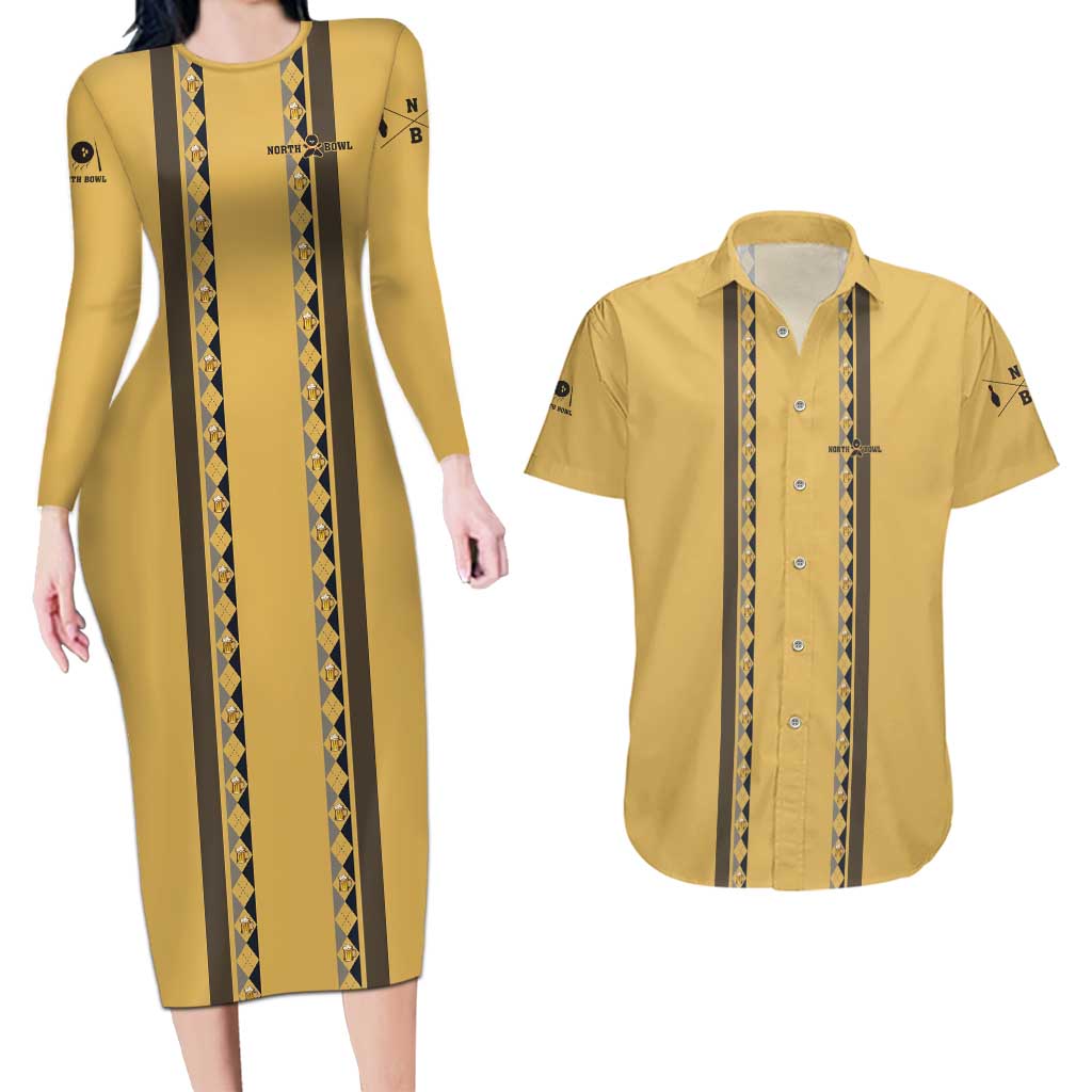 Custom Retro Bowling Couples Matching Long Sleeve Bodycon Dress and Hawaiian Shirt with Diamond Stripe Pattern North Bowl Logo - Wonder Print Shop