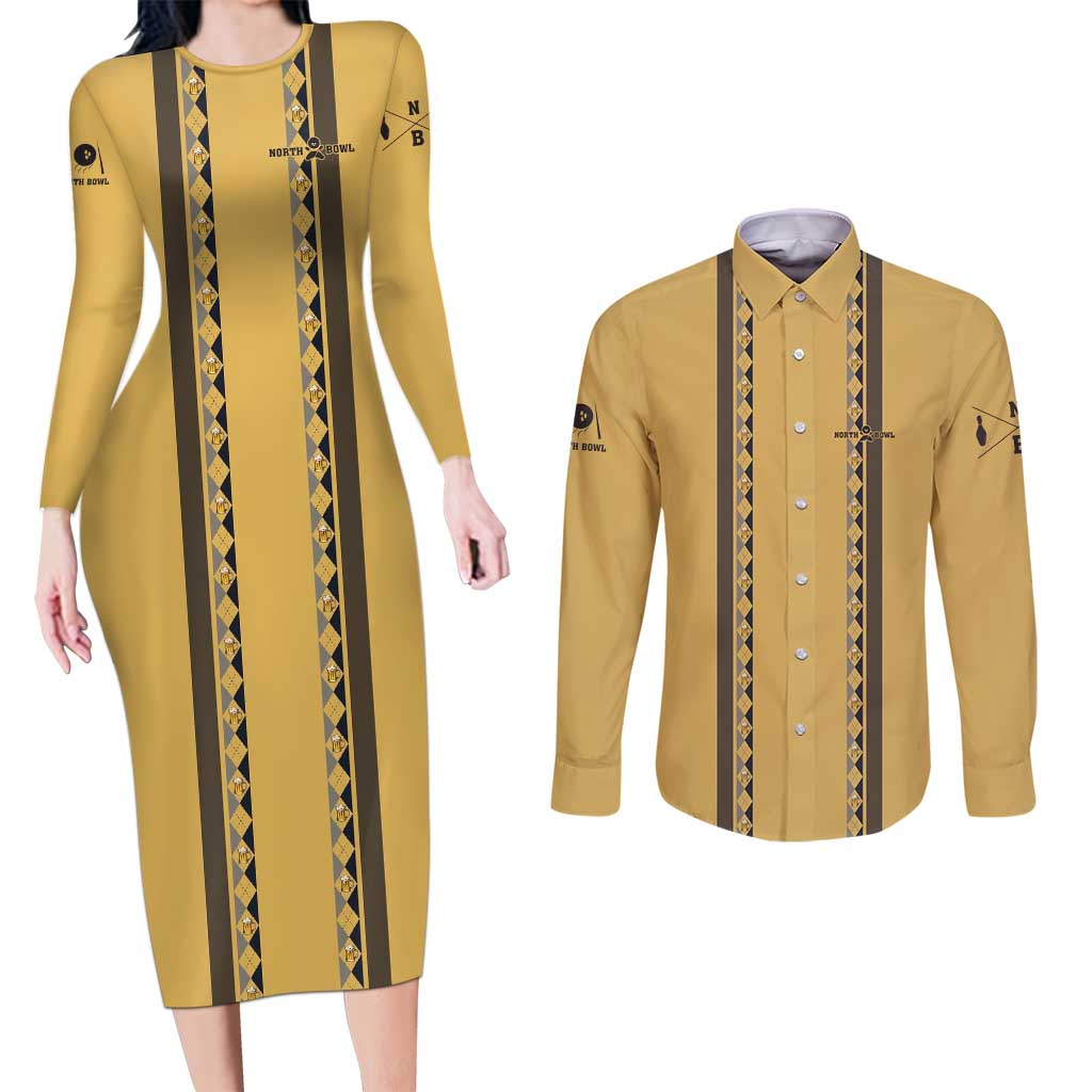 Custom Retro Bowling Couples Matching Long Sleeve Bodycon Dress and Long Sleeve Button Shirt with Diamond Stripe Pattern North Bowl Logo - Wonder Print Shop