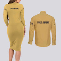 Custom Retro Bowling Couples Matching Long Sleeve Bodycon Dress and Long Sleeve Button Shirt with Diamond Stripe Pattern North Bowl Logo - Wonder Print Shop