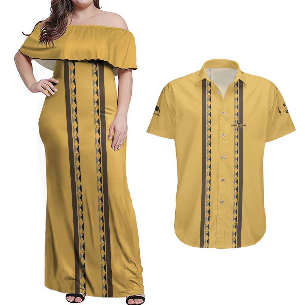 Custom Retro Bowling Couples Matching Off Shoulder Maxi Dress and Hawaiian Shirt with Diamond Stripe Pattern North Bowl Logo - Wonder Print Shop