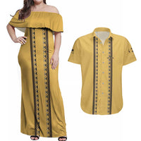 Custom Retro Bowling Couples Matching Off Shoulder Maxi Dress and Hawaiian Shirt with Diamond Stripe Pattern North Bowl Logo - Wonder Print Shop