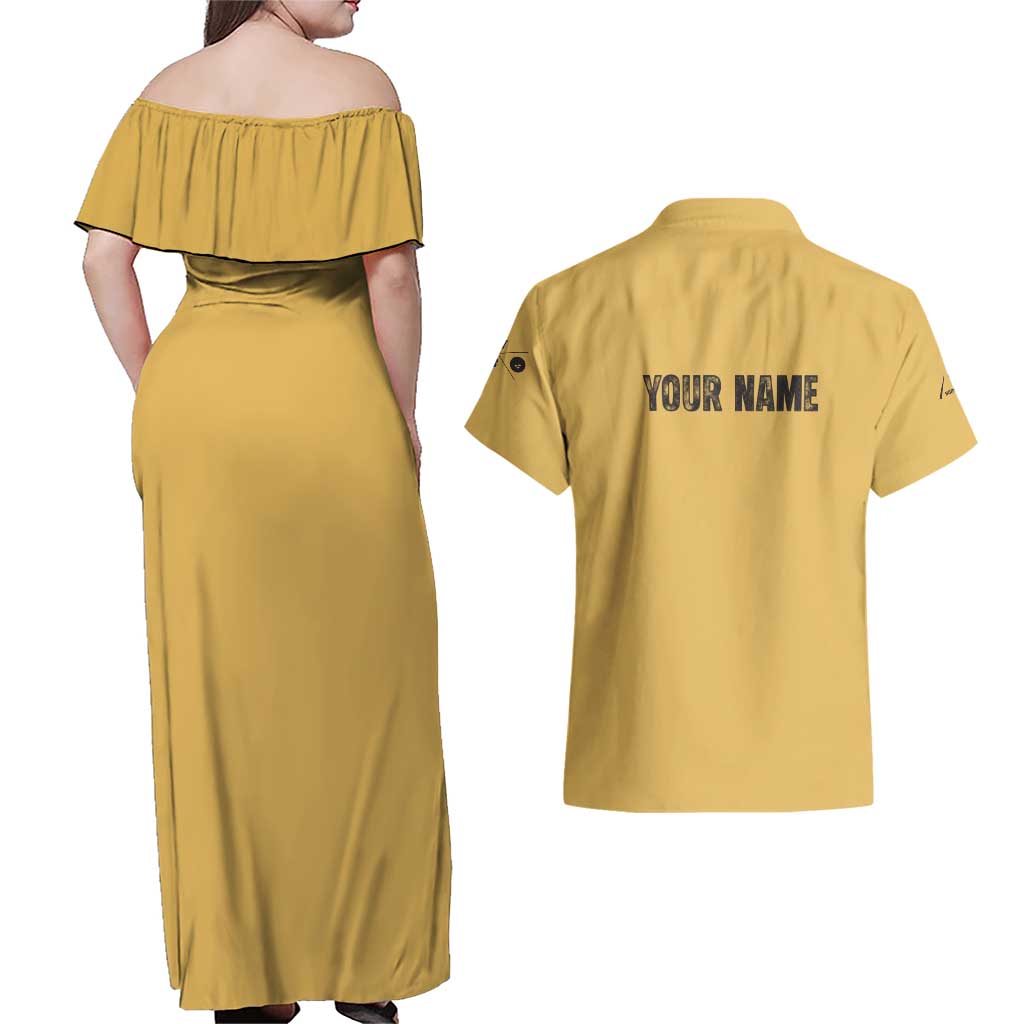 Custom Retro Bowling Couples Matching Off Shoulder Maxi Dress and Hawaiian Shirt with Diamond Stripe Pattern North Bowl Logo - Wonder Print Shop