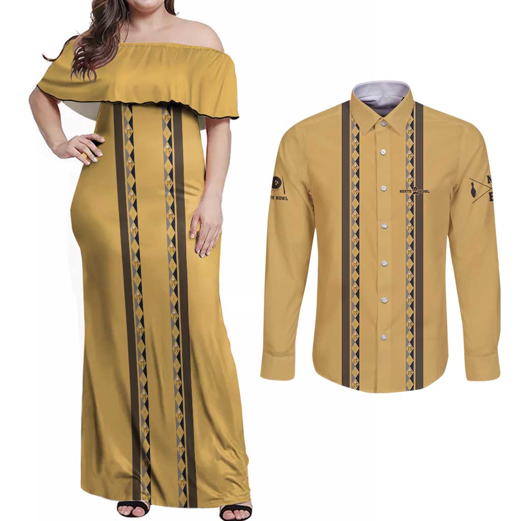 Custom Retro Bowling Couples Matching Off Shoulder Maxi Dress and Long Sleeve Button Shirt with Diamond Stripe Pattern North Bowl Logo - Wonder Print Shop