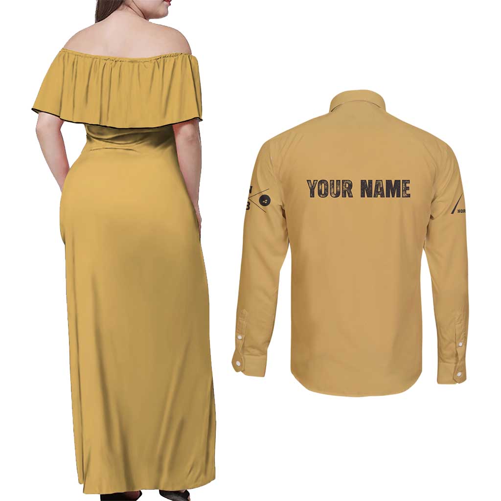 Custom Retro Bowling Couples Matching Off Shoulder Maxi Dress and Long Sleeve Button Shirt with Diamond Stripe Pattern North Bowl Logo - Wonder Print Shop