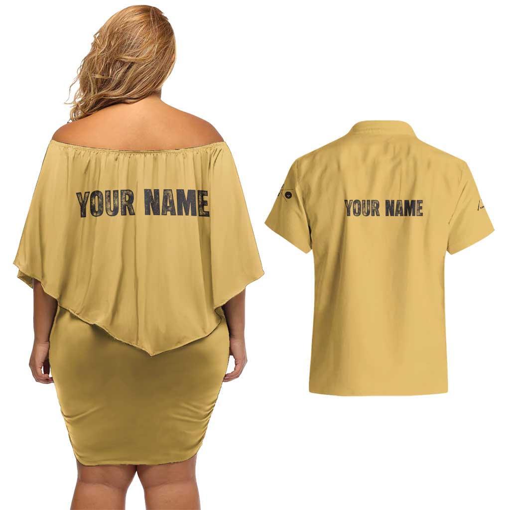 Custom Retro Bowling Couples Matching Off Shoulder Short Dress and Hawaiian Shirt with Diamond Stripe Pattern North Bowl Logo - Wonder Print Shop