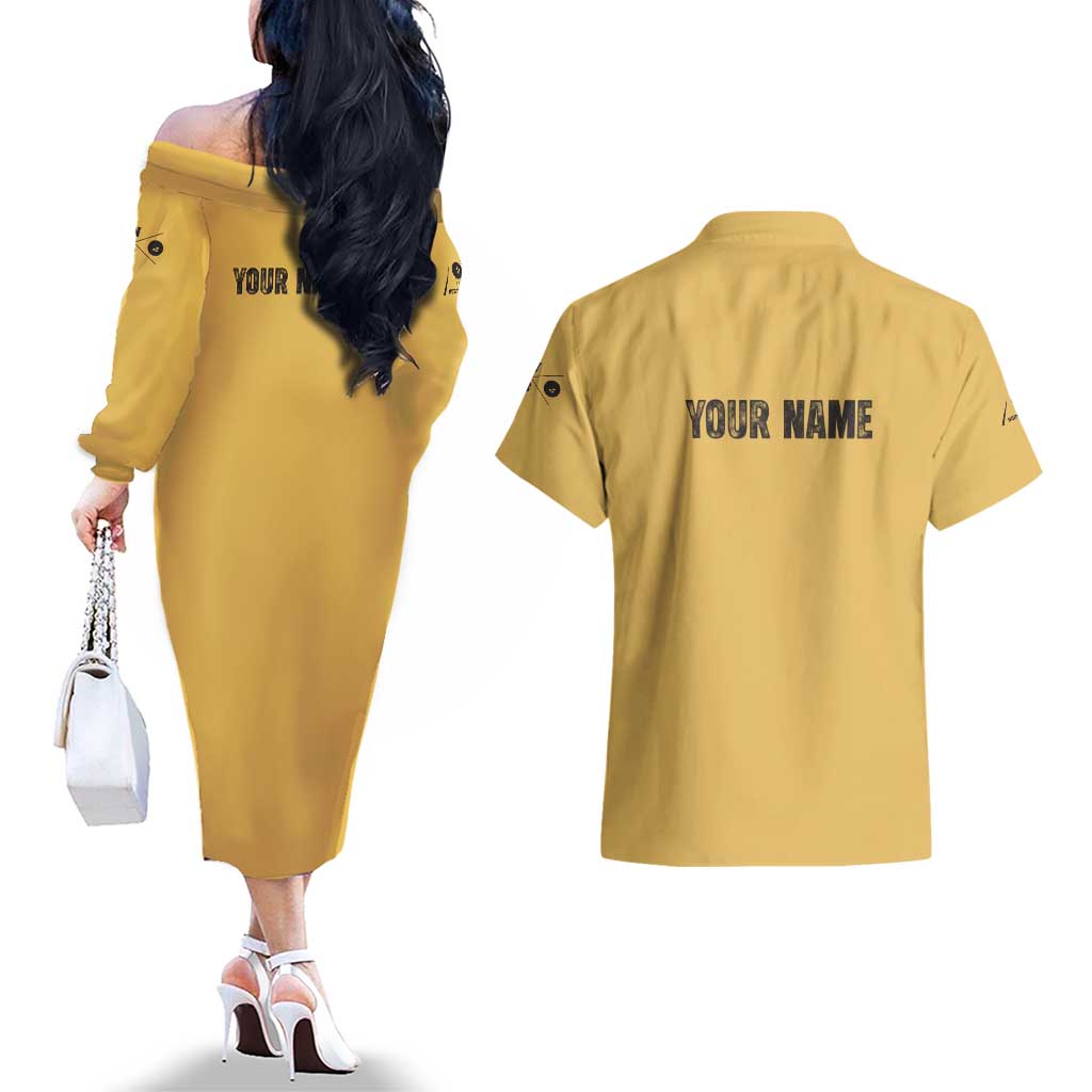 Custom Retro Bowling Couples Matching Off The Shoulder Long Sleeve Dress and Hawaiian Shirt with Diamond Stripe Pattern North Bowl Logo - Wonder Print Shop