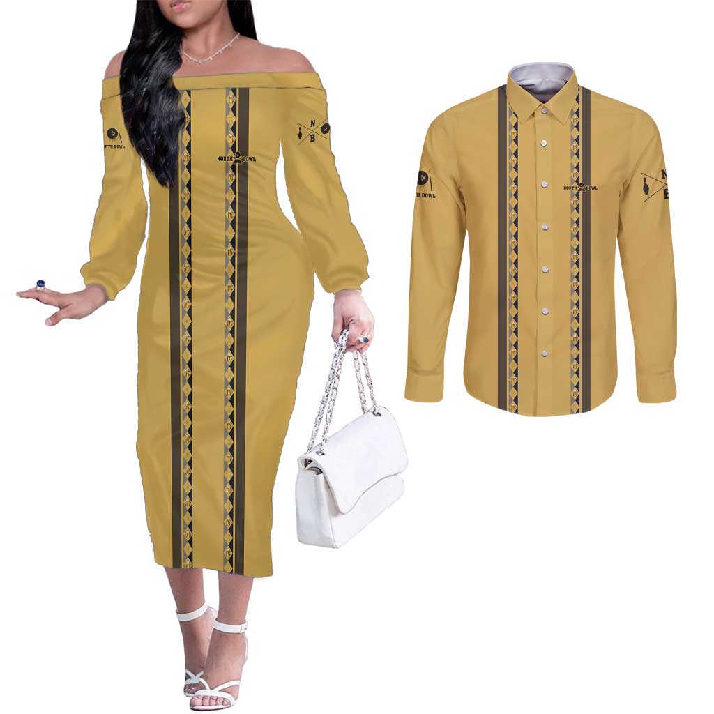 Custom Retro Bowling Couples Matching Off The Shoulder Long Sleeve Dress and Long Sleeve Button Shirt with Diamond Stripe Pattern North Bowl Logo - Wonder Print Shop