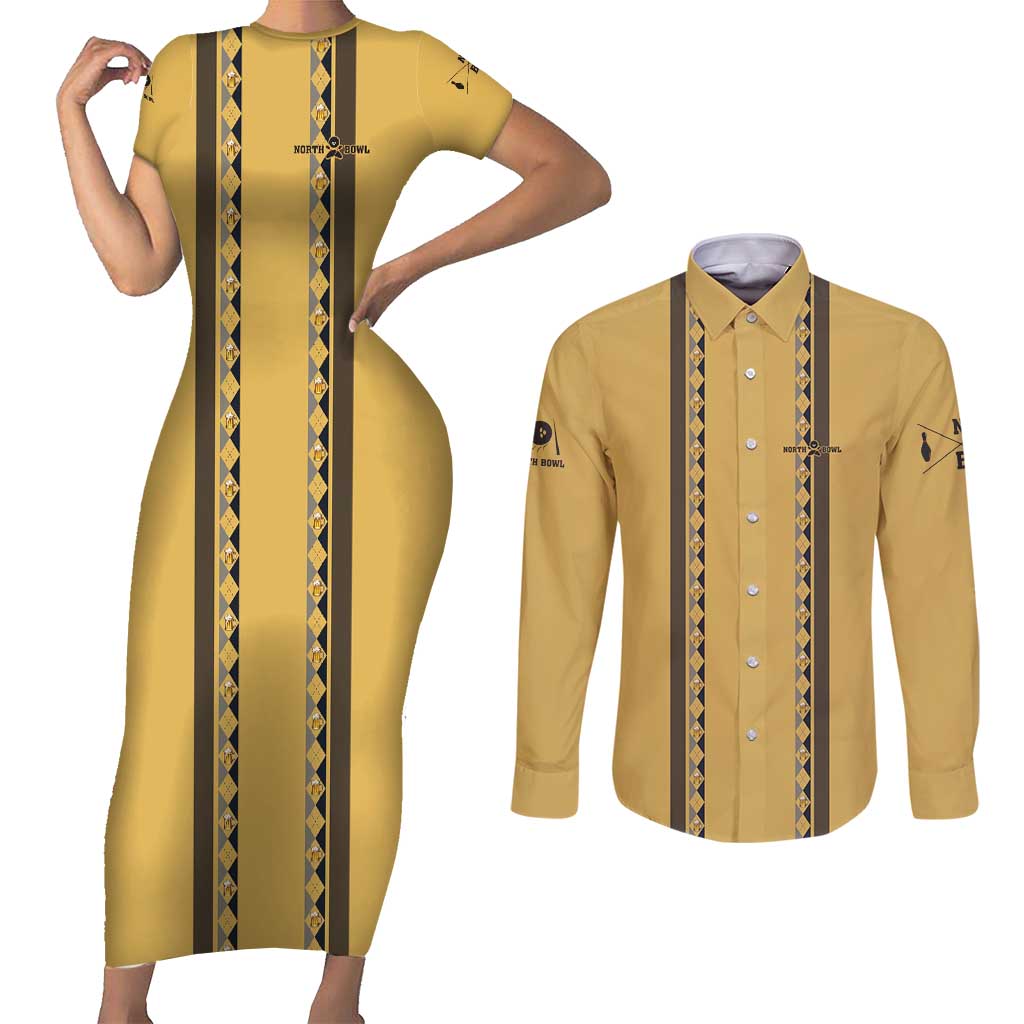 Custom Retro Bowling Couples Matching Short Sleeve Bodycon Dress and Long Sleeve Button Shirt with Diamond Stripe Pattern North Bowl Logo - Wonder Print Shop