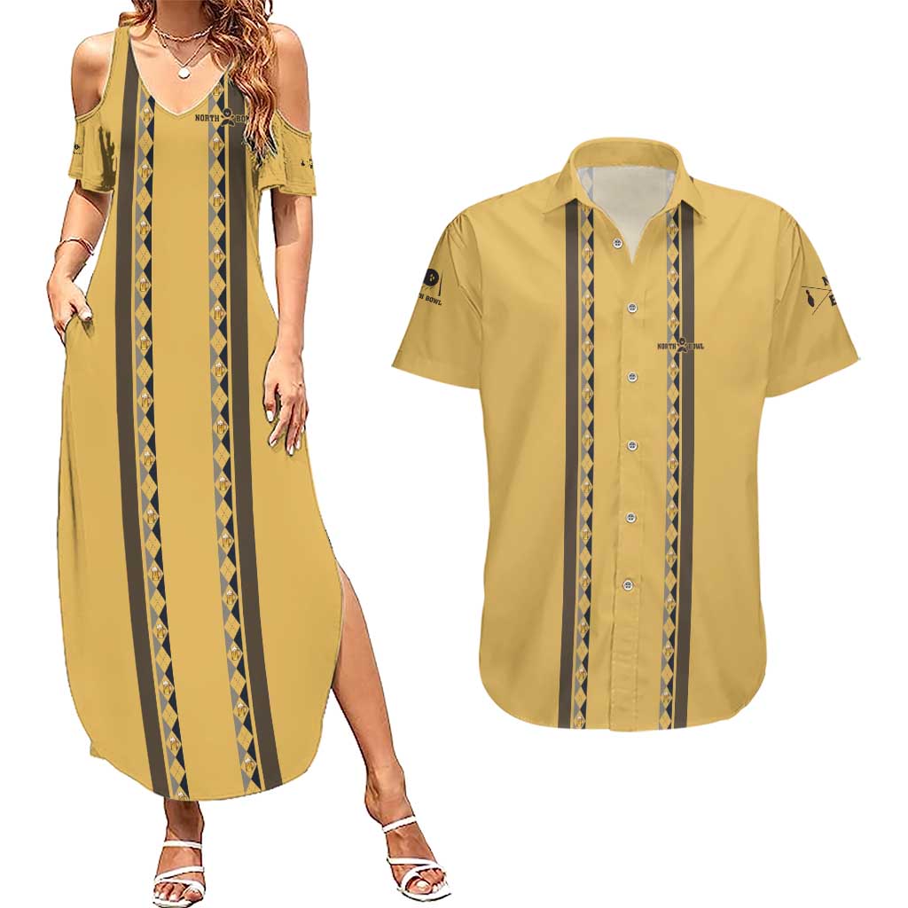 Custom Retro Bowling Couples Matching Summer Maxi Dress and Hawaiian Shirt with Diamond Stripe Pattern North Bowl Logo - Wonder Print Shop