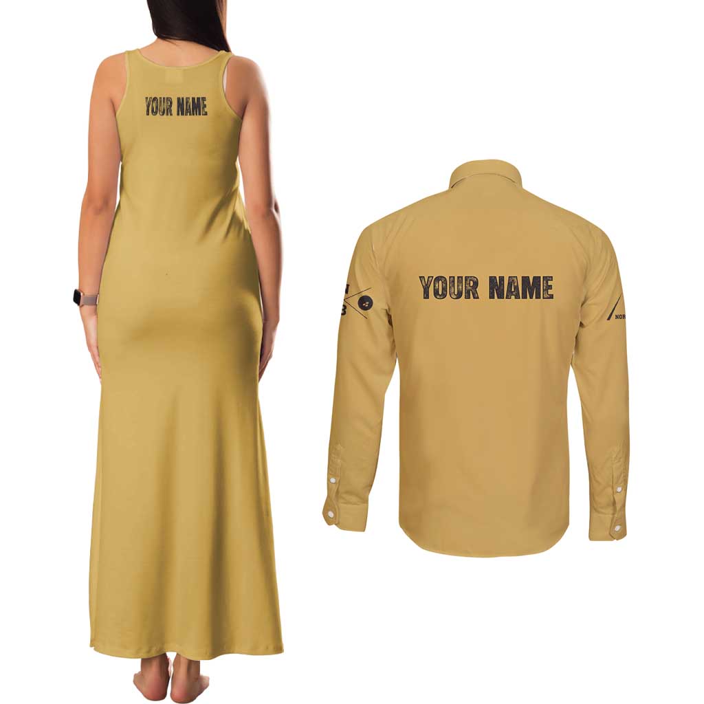 Custom Retro Bowling Couples Matching Tank Maxi Dress and Long Sleeve Button Shirt with Diamond Stripe Pattern North Bowl Logo - Wonder Print Shop