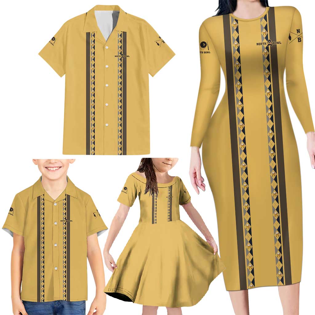 Custom Retro Bowling Family Matching Long Sleeve Bodycon Dress and Hawaiian Shirt with Diamond Stripe Pattern North Bowl Logo - Wonder Print Shop