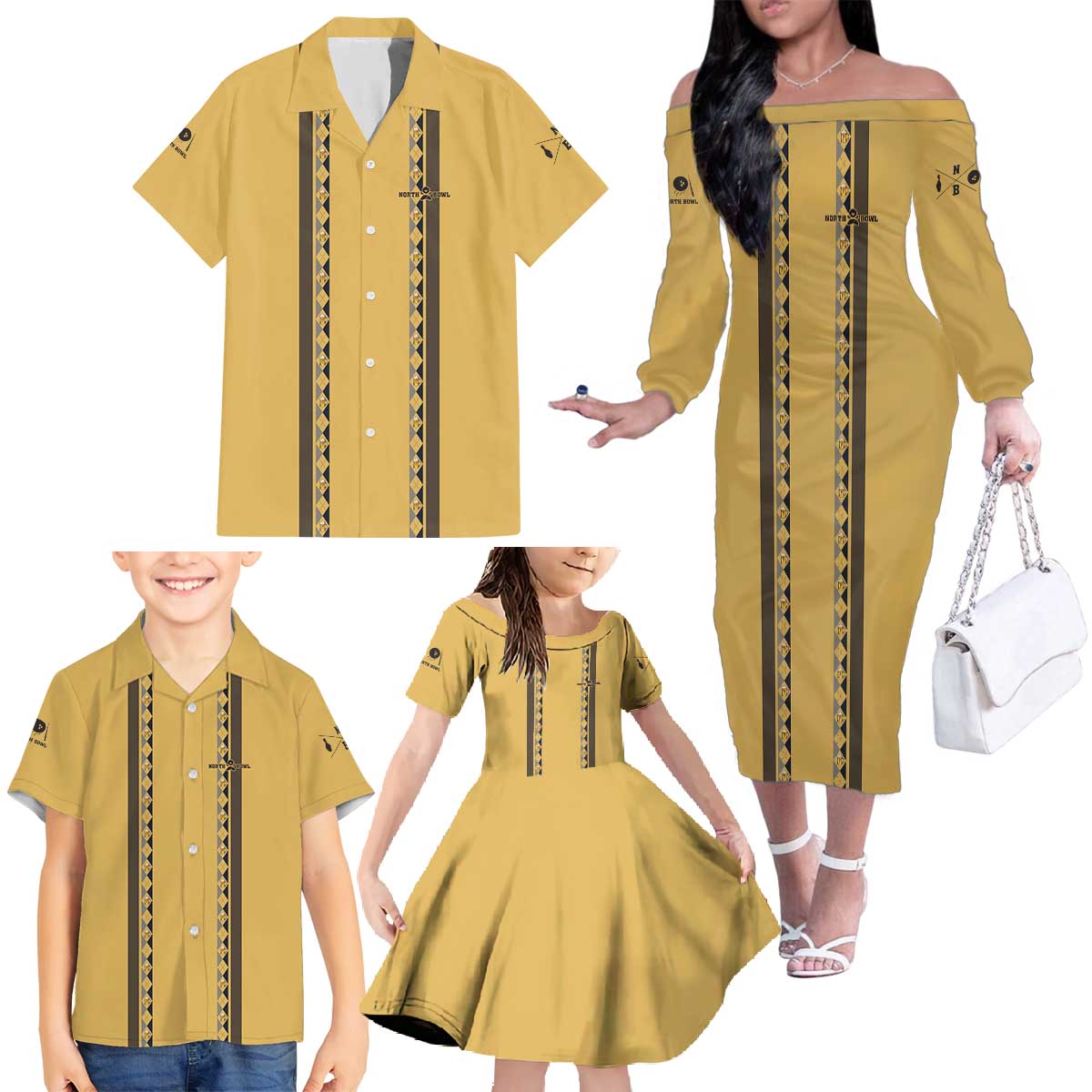 Custom Retro Bowling Family Matching Off The Shoulder Long Sleeve Dress and Hawaiian Shirt with Diamond Stripe Pattern North Bowl Logo - Wonder Print Shop