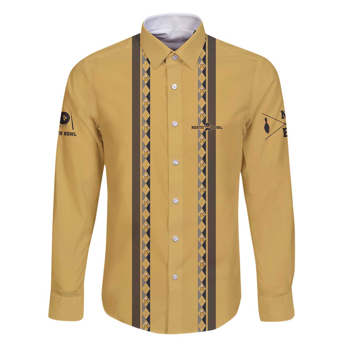 Custom Retro Bowling Family Matching Off The Shoulder Long Sleeve Dress and Hawaiian Shirt with Diamond Stripe Pattern North Bowl Logo - Wonder Print Shop