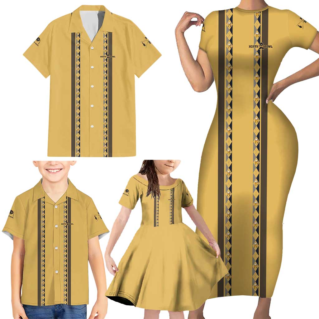 Custom Retro Bowling Family Matching Short Sleeve Bodycon Dress and Hawaiian Shirt with Diamond Stripe Pattern North Bowl Logo - Wonder Print Shop