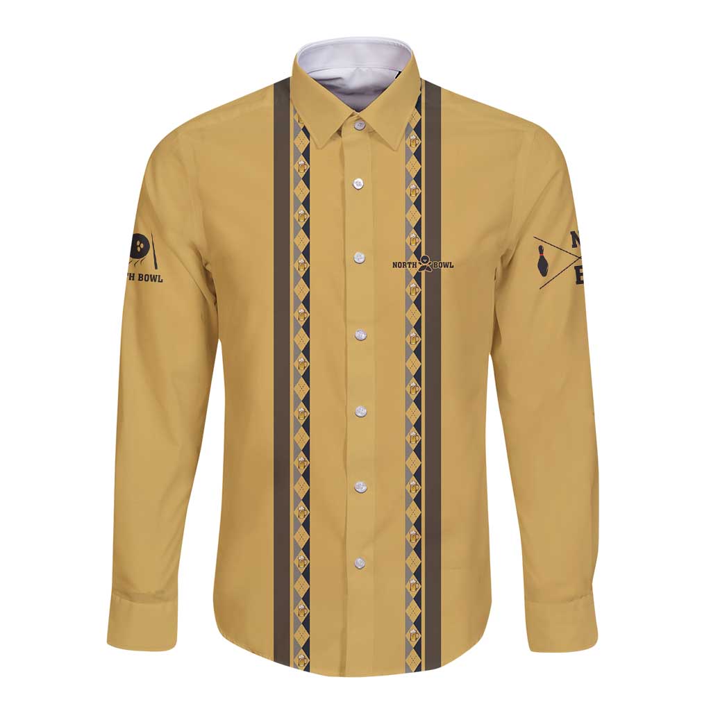 Custom Retro Bowling Long Sleeve Button Shirt with Diamond Stripe Pattern North Bowl Logo - Wonder Print Shop