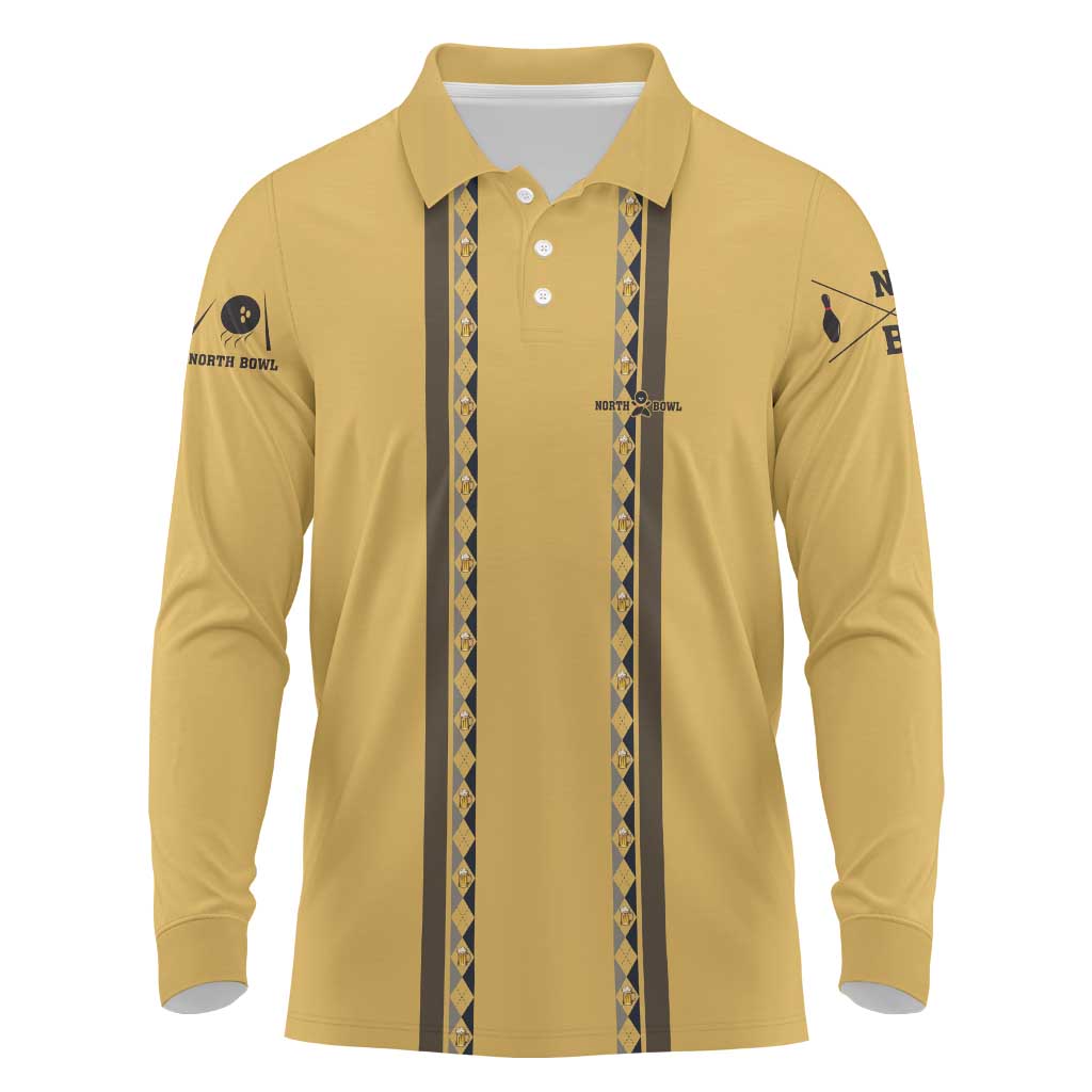 Custom Retro Bowling Long Sleeve Polo Shirt with Diamond Stripe Pattern North Bowl Logo - Wonder Print Shop