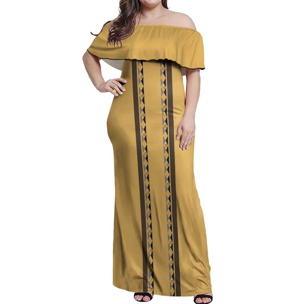 Custom Retro Bowling Off Shoulder Maxi Dress with Diamond Stripe Pattern North Bowl Logo - Wonder Print Shop