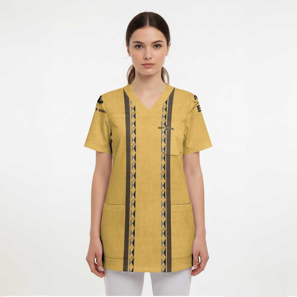Custom Retro Bowling Scrub Top with Diamond Stripe Pattern North Bowl Logo - Wonder Print Shop