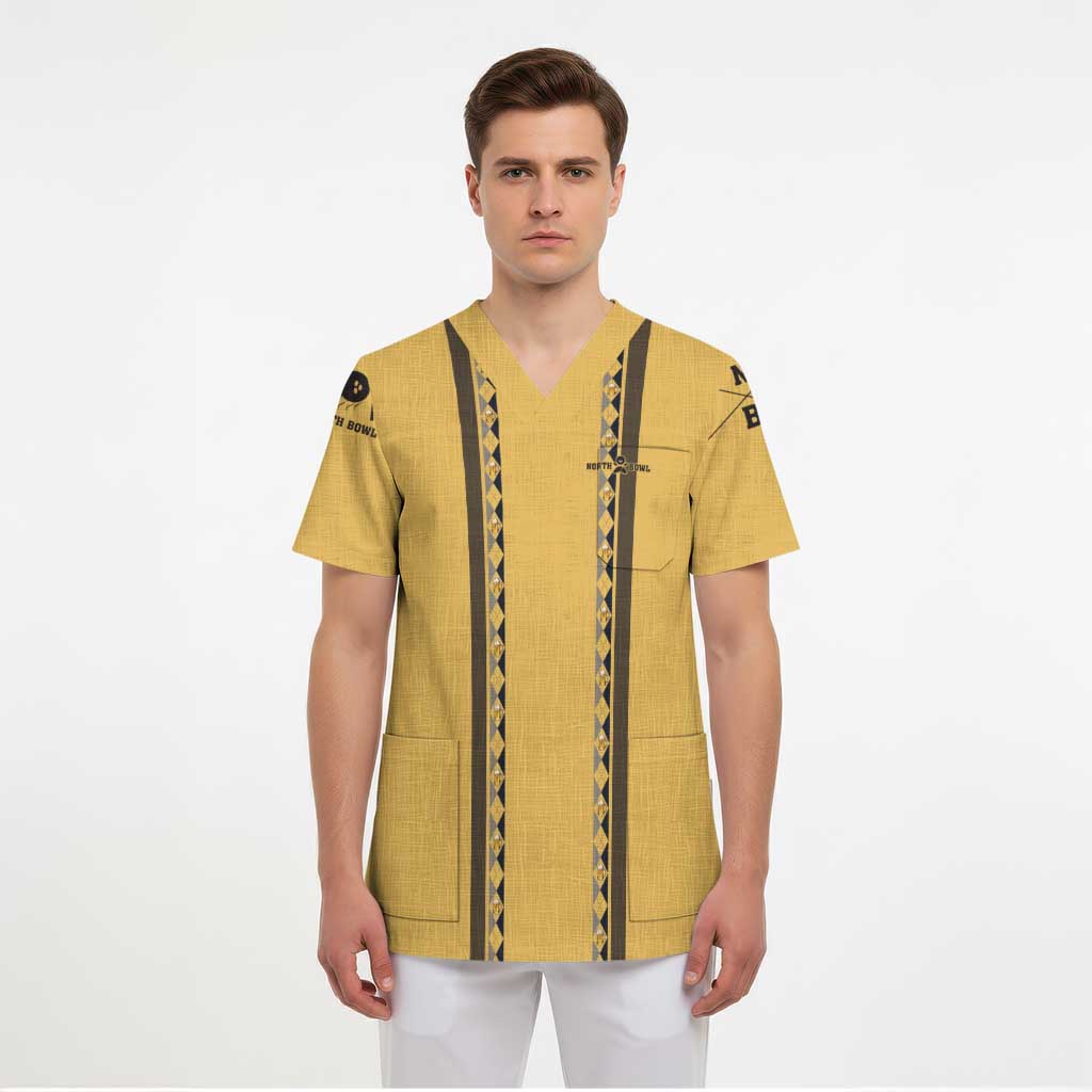 Custom Retro Bowling Scrub Top with Diamond Stripe Pattern North Bowl Logo - Wonder Print Shop
