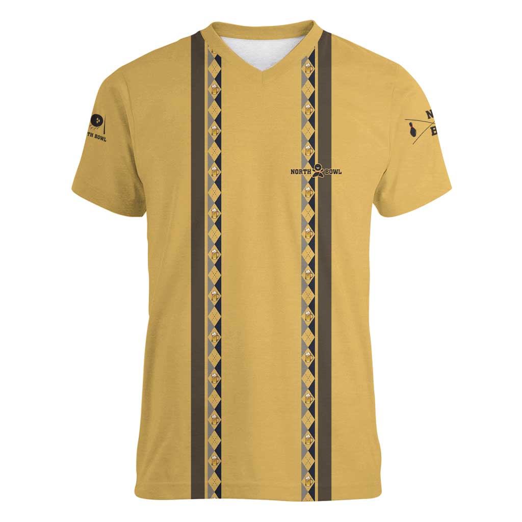 Custom Retro Bowling Women V-Neck T-Shirt with Diamond Stripe Pattern North Bowl Logo - Wonder Print Shop