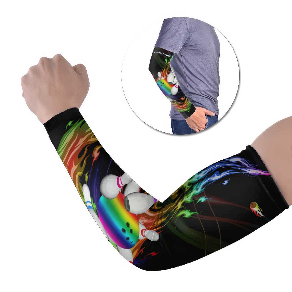 Custom Bowling Quarter Rainbow fFame Bowling Ball Arm Sleeves with Colorful Flaming Strike Design Rainbow Ball - Wonder Print Shop