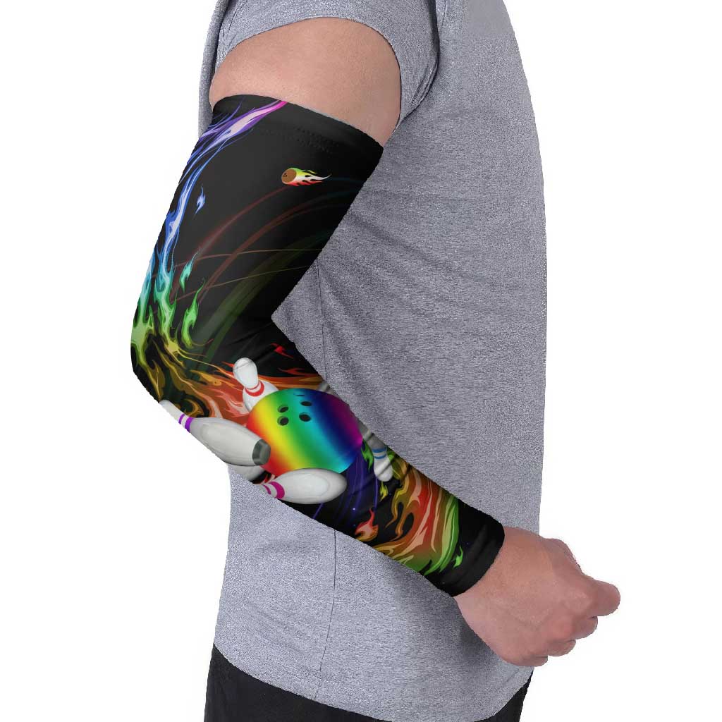 Custom Bowling Quarter Rainbow fFame Bowling Ball Arm Sleeves with Colorful Flaming Strike Design Rainbow Ball - Wonder Print Shop