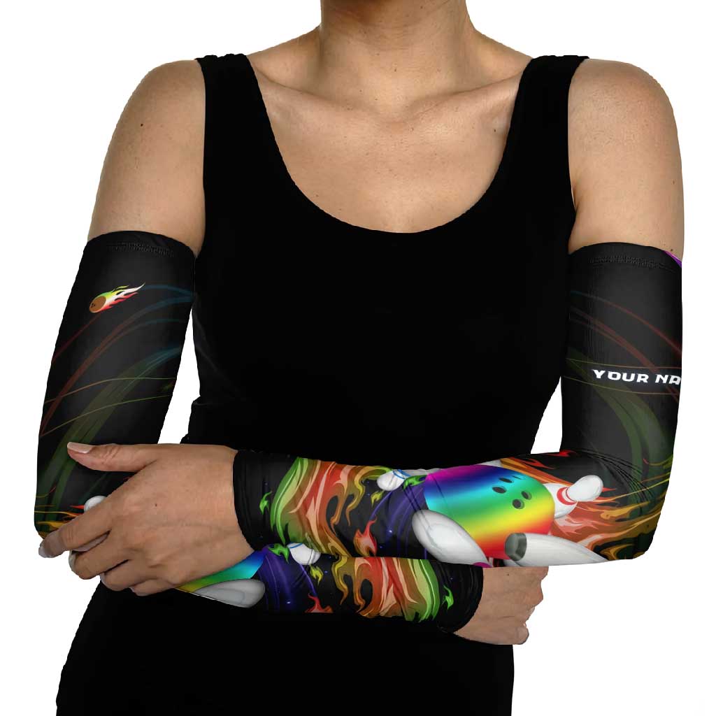 Custom Bowling Quarter Rainbow fFame Bowling Ball Arm Sleeves with Colorful Flaming Strike Design Rainbow Ball - Wonder Print Shop