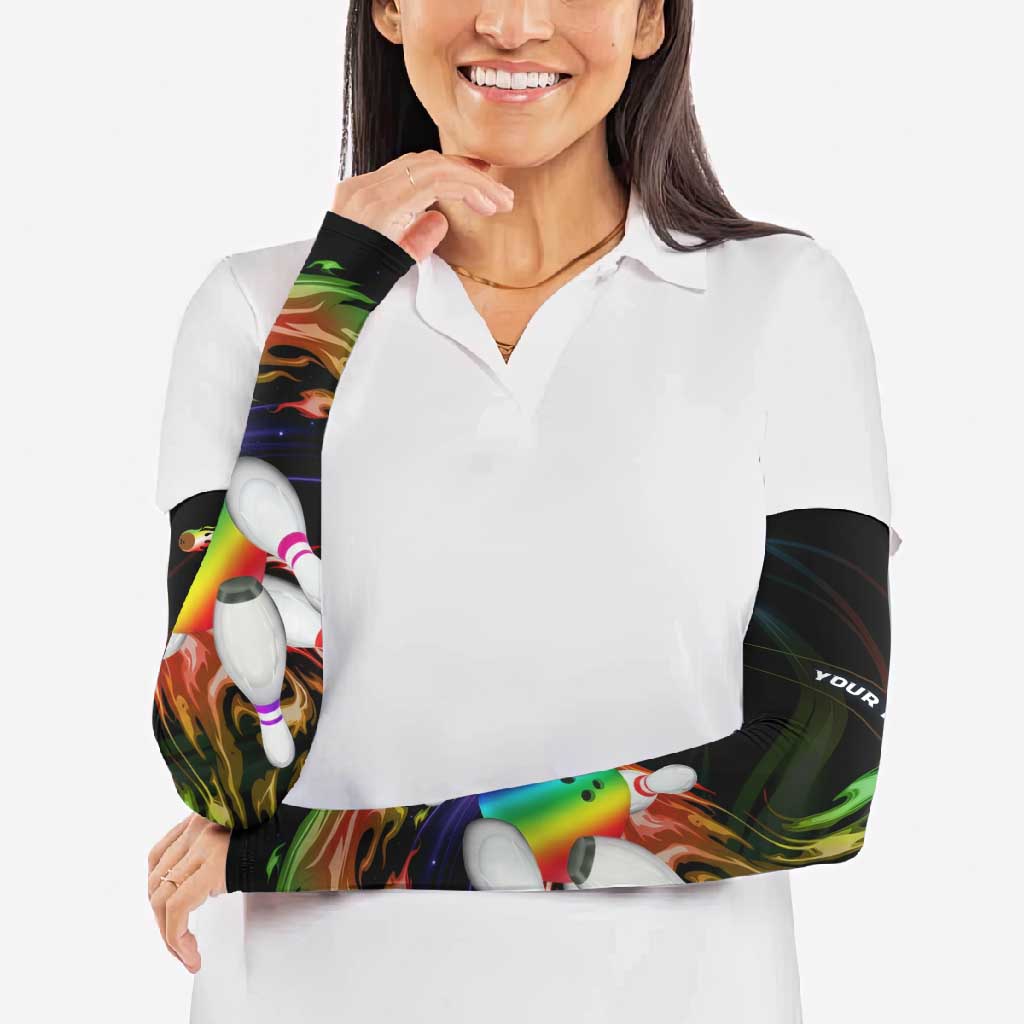 Custom Bowling Quarter Rainbow fFame Bowling Ball Arm Sleeves with Colorful Flaming Strike Design Rainbow Ball - Wonder Print Shop