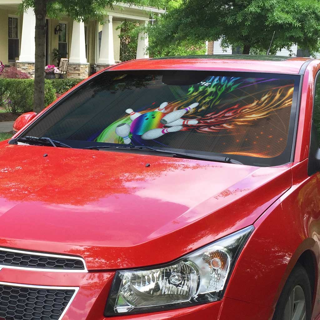 Custom Bowling Quarter Rainbow fFame Bowling Ball Auto Sun Shade with Colorful Flaming Strike Design Rainbow Ball - Wonder Print Shop