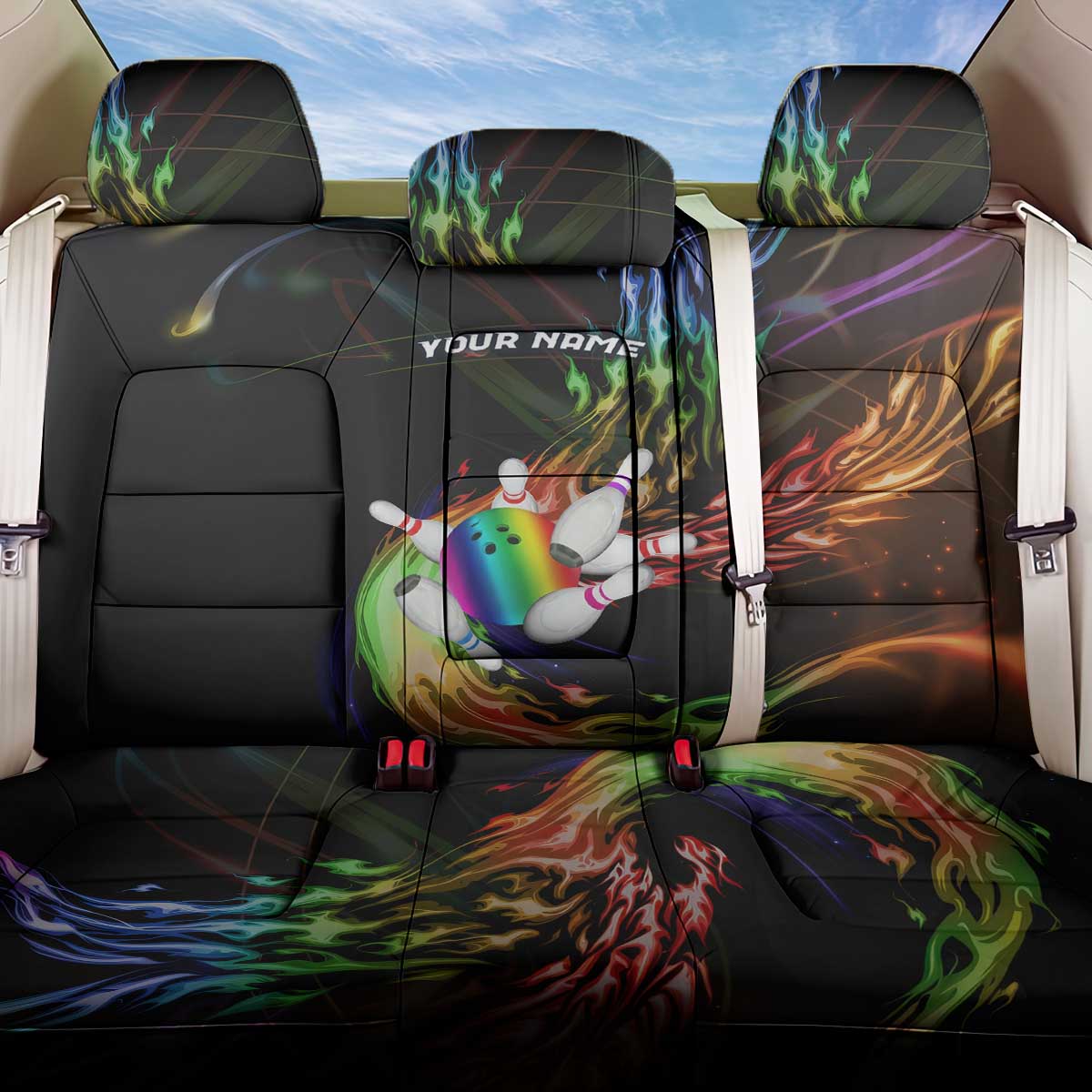 Custom Bowling Quarter Rainbow fFame Bowling Ball Back Car Seat Cover with Colorful Flaming Strike Design Rainbow Ball - Wonder Print Shop